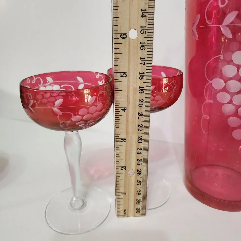 Vtg 1960s West Virginia Glass Cranberry Cocktail Shaker Set 6 Stemmed Glasses